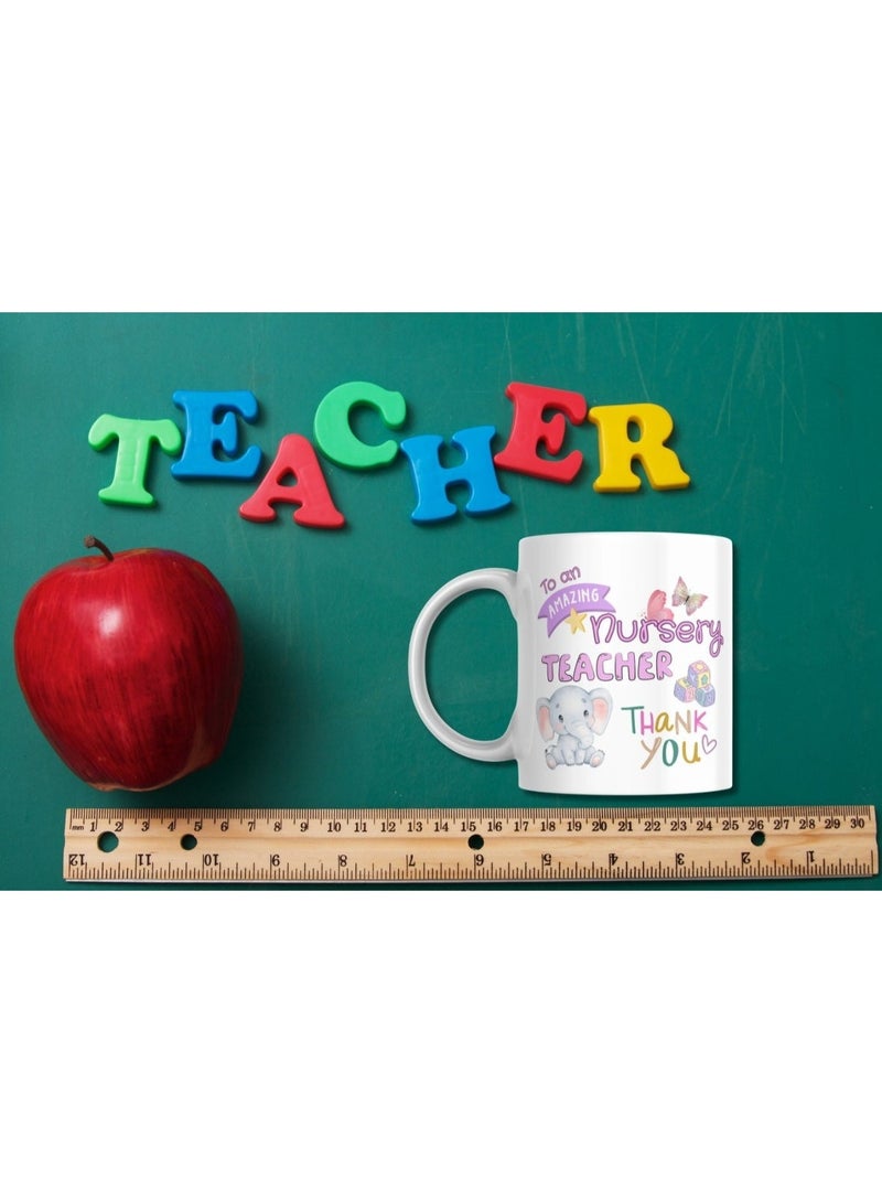 SiestaSafari Thank You Nursery Teacher Mug, Elephant with Butterfly and Dice Design by SiestaSafari, Gift for Nursery Teacher, End of Year, Teacher's Day, Teacher's Birthday, Teaching Colleague, Nursery Staff - Image 2